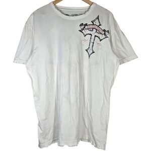 Affliction Mens White XLarge Cotton Graphic T Shirt Skull Wings Cross Live Fast